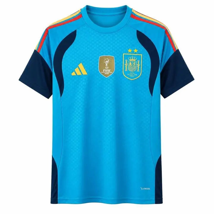 Camisa Espanha Pré-jogo Azul-claro 2 Estrelas 2026 Torcedor com Patch de Campeão
