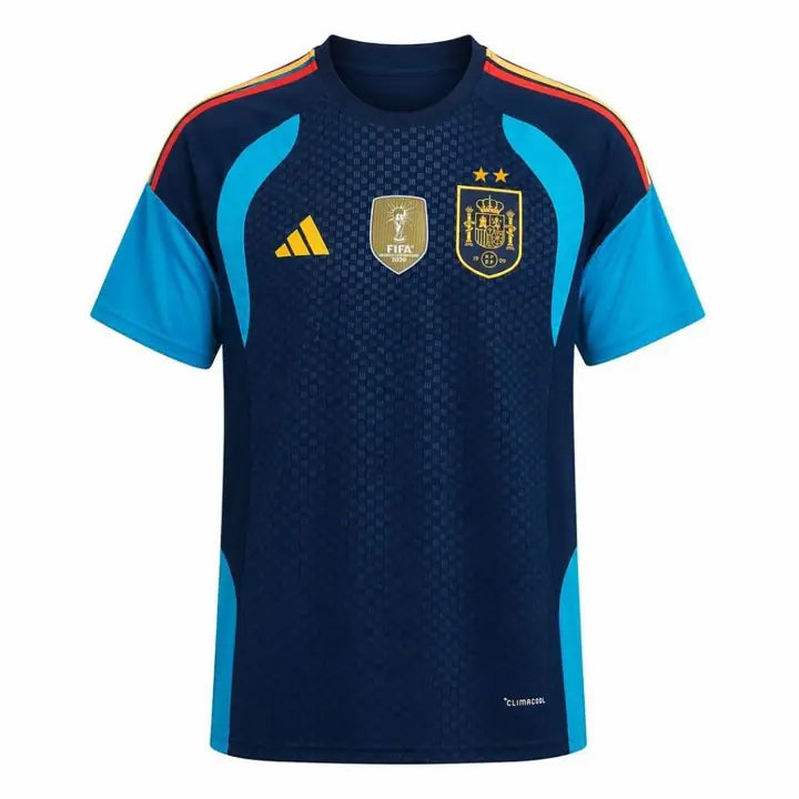 Camisa Espanha Pré-jogo Azul-marinho 2 Estrelas 2026 Torcedor com Patch de Campeão